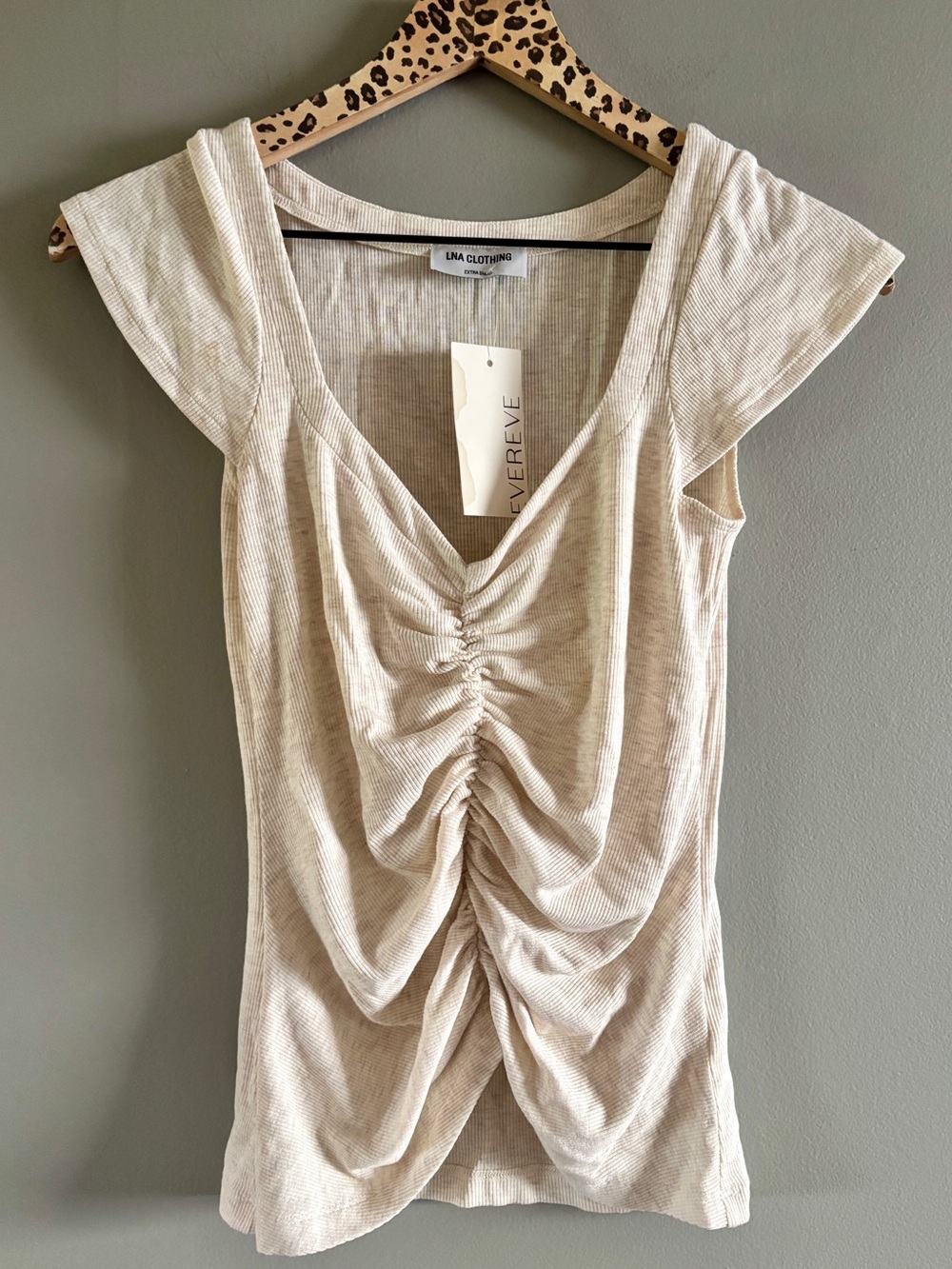 LNA | Mara Cap Sleeve Ruched Ribbed Lightweight Oatmeal Top NWT Evereve